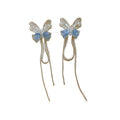 Silver Tone Blue Butterfly Earrings with Fine Chain Tassels view 5