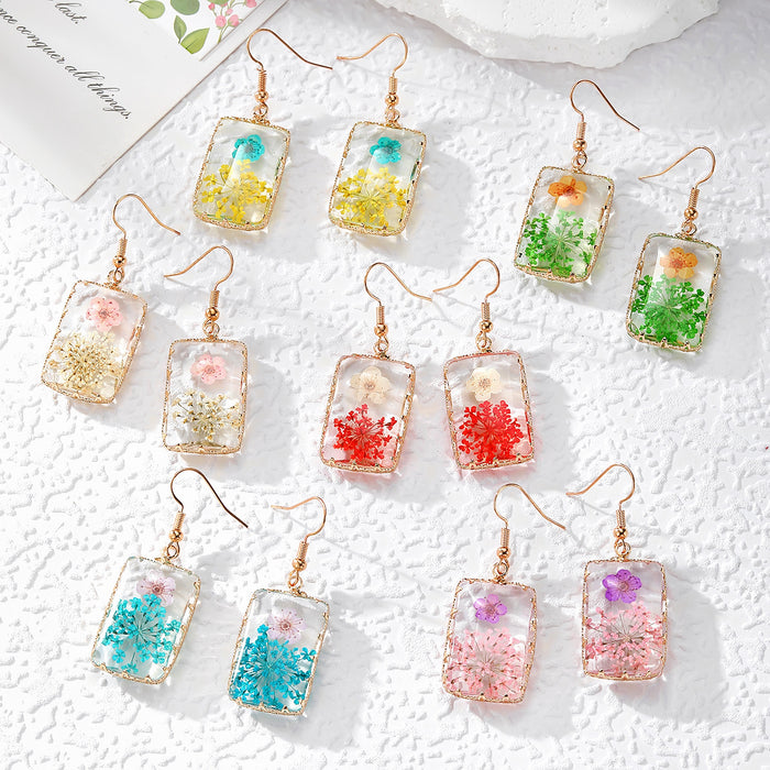 Square Resin Dried Flower Wire Frame Earrings 6 Colors