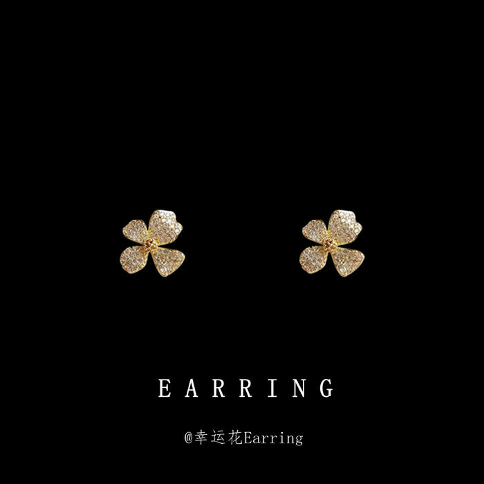 Gold Four Petal Pave Clear CZ Flower Stud Earrings