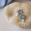 Blue Square Stone And White Pearl Drop Stud Earrings For Women view 1