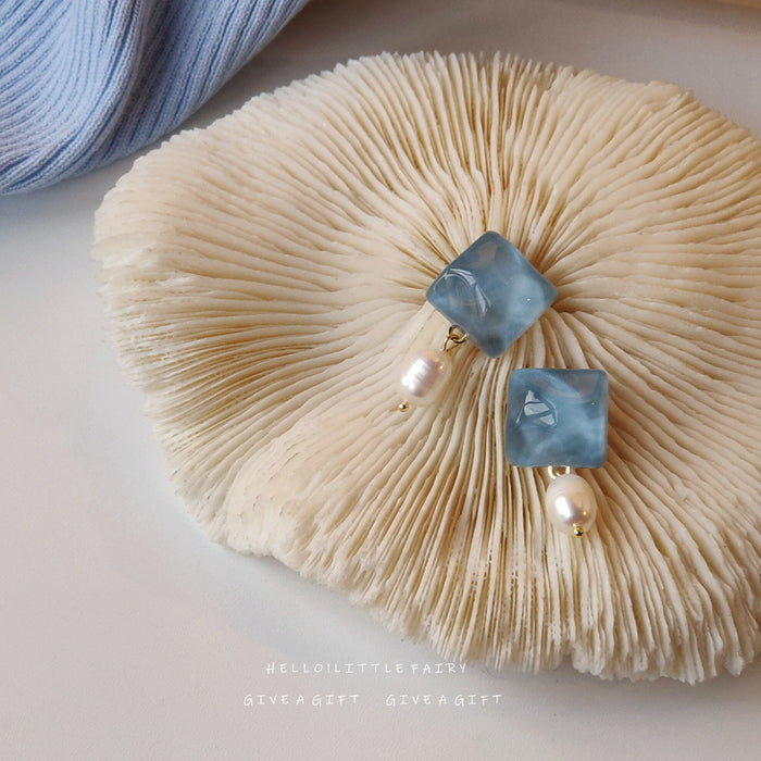 Blue Square Stone And White Pearl Drop Stud Earrings For Women