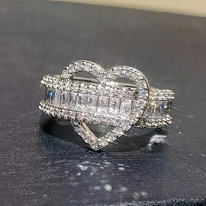 Heart Outline And Baguette Rail Wide Ring In Polished Silver Tone