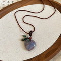 Dark Brown Cord Necklace with Heart Shaped Stone Look Pendant view 6