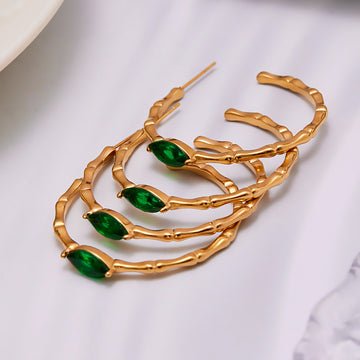 Green Glass Bamboo Texture Hoop Earrings in Gold and Silver Tone