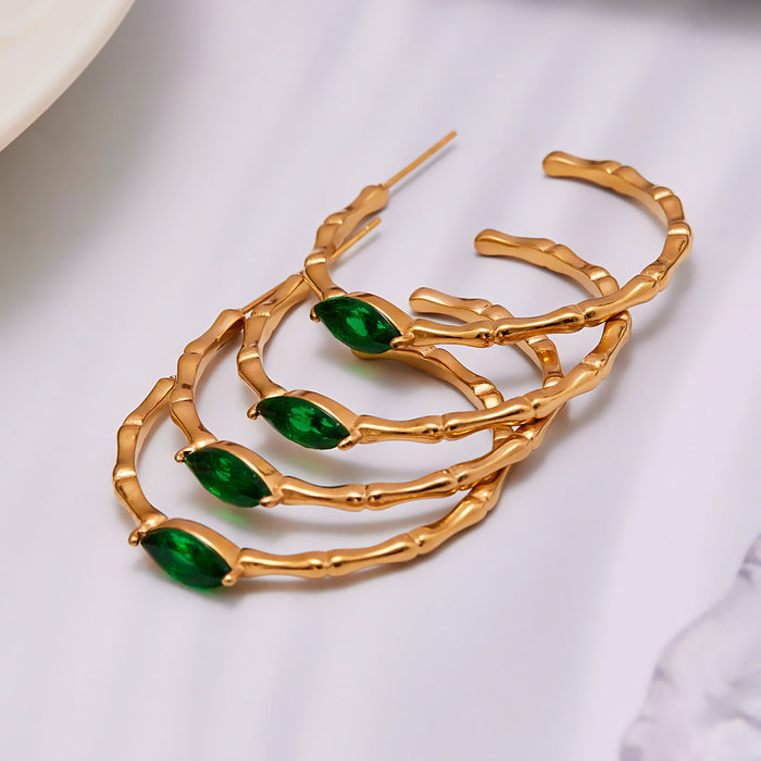 Green Glass Bamboo Texture Hoop Earrings in Gold and Silver Tone