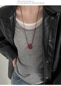 Cord Oval Bead Pendant Necklace Glossy Red or Silver Drop view 6