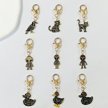 Gold Tone Gothic Skeleton Cat, Duck and Alien Heart-Clasp Charms