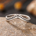 Antique Silver V Shape Beaded Band Ring Thin Metal Stack view 3