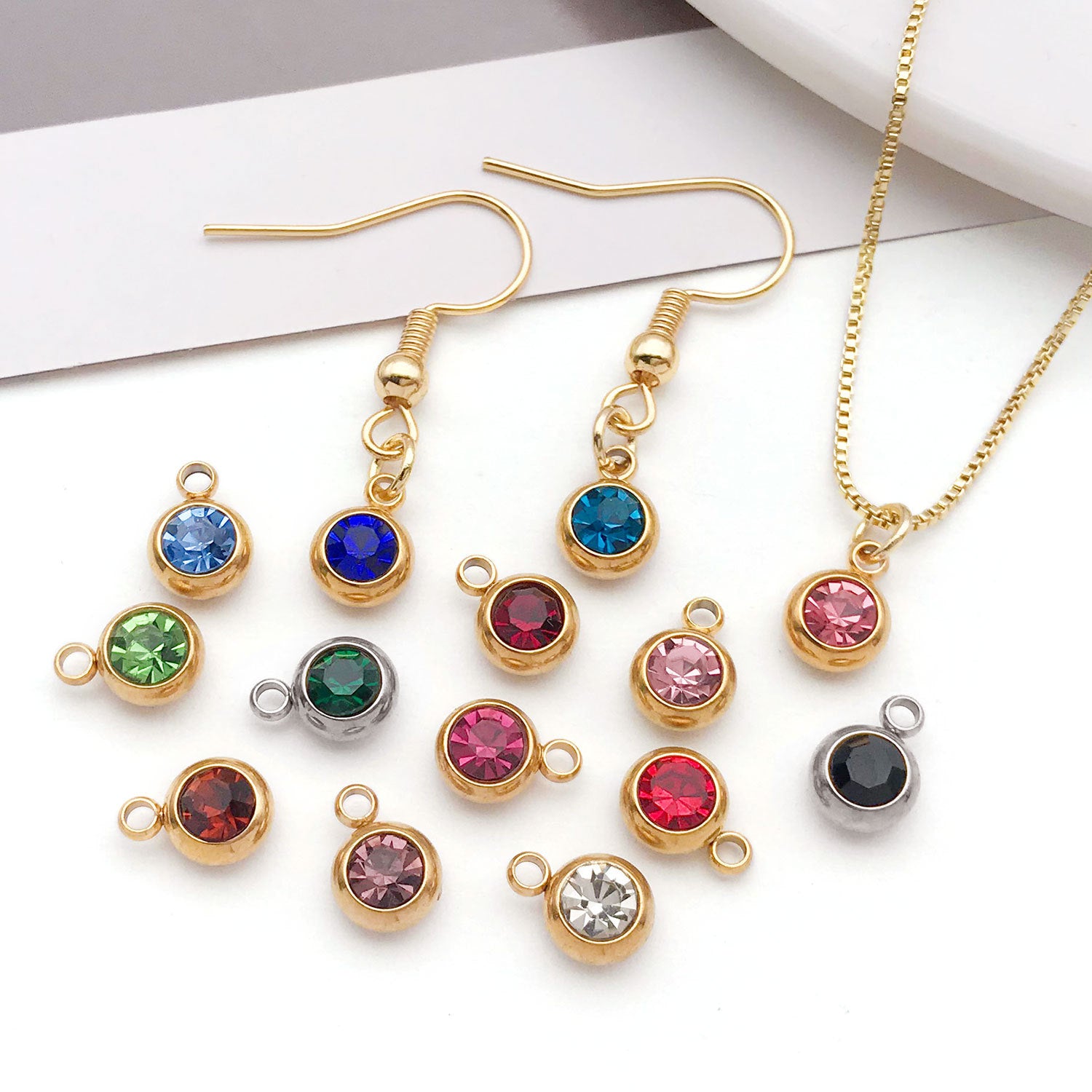 Stainless Steel Color Rhinestone Birthstone Zodiac charm pendants for DIY necklaces bracelets