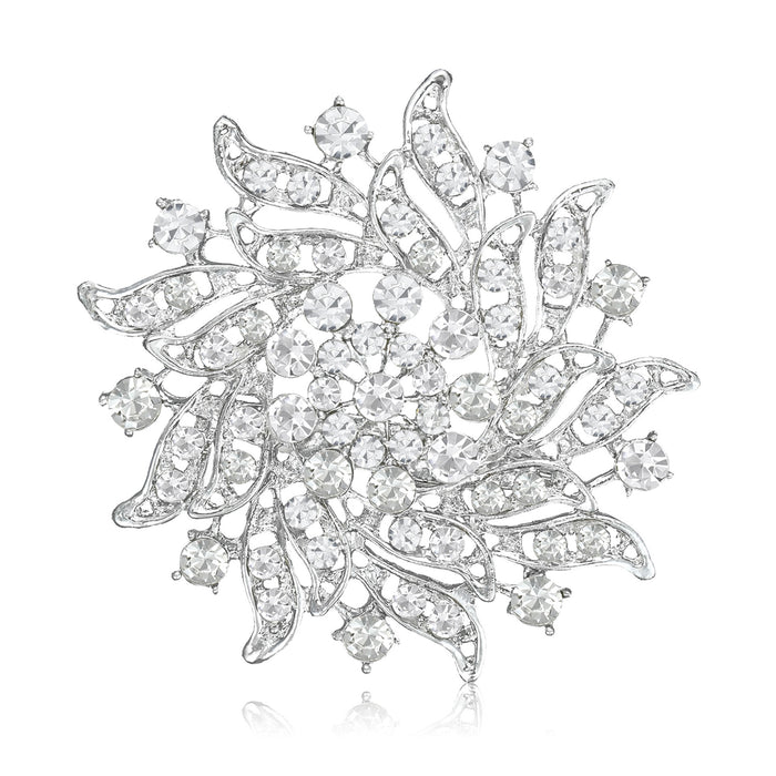 Crystal Sunburst Flower Brooch In 2 Styles With Polished Metal Details