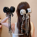 Polka Dot Satin Bow Claw Clips Ribbon Tails Black Cream view 4