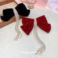 Velvet Bow Hair Clips In Red Crystal Fringe Or Black Pearl Style view 4