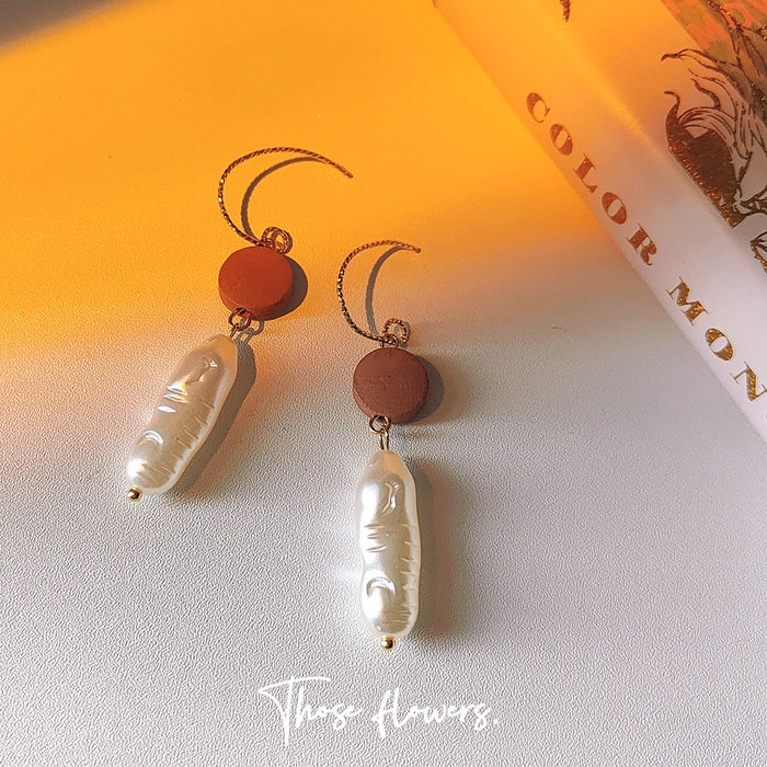 Gold Hook Earrings Terracotta Disc Baroque Stick Pearl