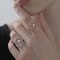 Open Oval Geometric Ring White Pearl Accent Gold Rose Steel view 3