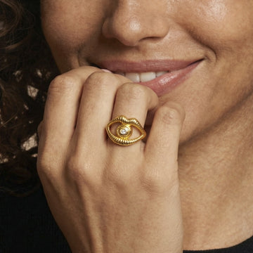 Gold Open Eye Ring Textured Band Clear Center Stone