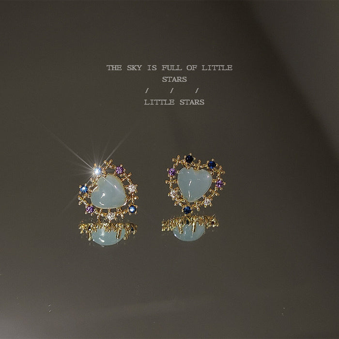 Gold Pale Aqua Heart Multicolor Crystal Halo Studs