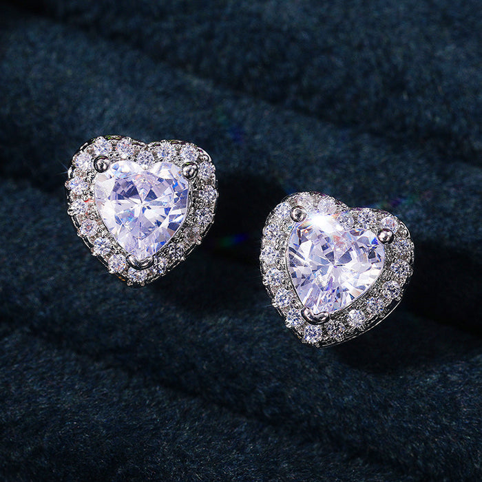 Heart Halo Clear Center Stone Stud Earrings Three Tones