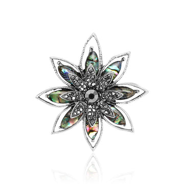 Antique Silver Abalone Shell Flower Brooch Crystal Center
