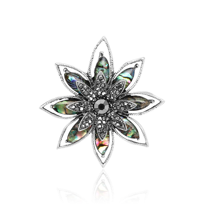 Antique Silver Abalone Shell Flower Brooch Crystal Center