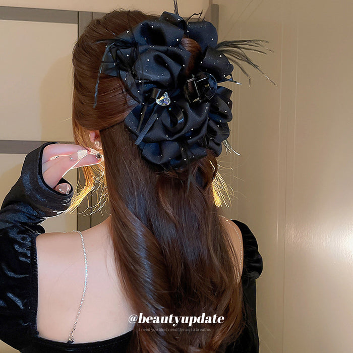Black Satin Bow Hair Claw With Feathers And Heart Crystal