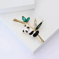 Playful Panda on Bamboo Brooch with Green Crystal Leaves view 3
