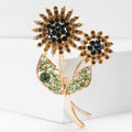Rhinestone Dual Sunflower Brooch Gold Tone Green Leaf Pin view 2