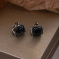Antique Silver Black Rectangular Small Huggie Earrings view 2