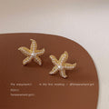 Gold Tone Textured Starfish Pearl Detail Stud Earrings view 2