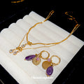Gold Layered Necklace Rhinestone Drops Purple Hoop Earrings view 4
