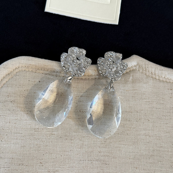 Clear Flower and Teardrop Silver Tone Statement Earrings