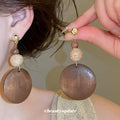 Wood Flower And Round Disc Dangle Earrings Statement Jewelry Pair view 3