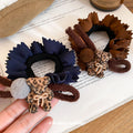 Brown Ruffle Fabric Hair Tie Leopard Print Bear Pom Accent view 1