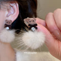 Bear and Pom Pom Drop Stud Earrings in Three Color Styles view 4