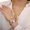 Y Letter Cuban Chain Necklace Bracelet Set Gold Steel Pave Bars view 1