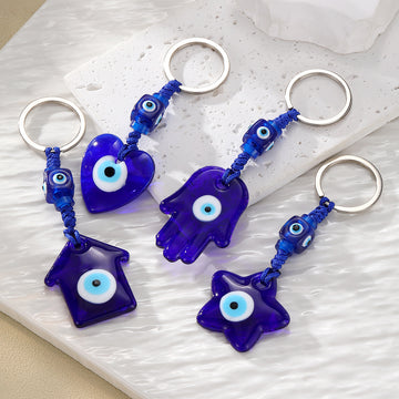 Blue Glass Heart Star House and Hamsa Evil Eye Split Ring Keychains