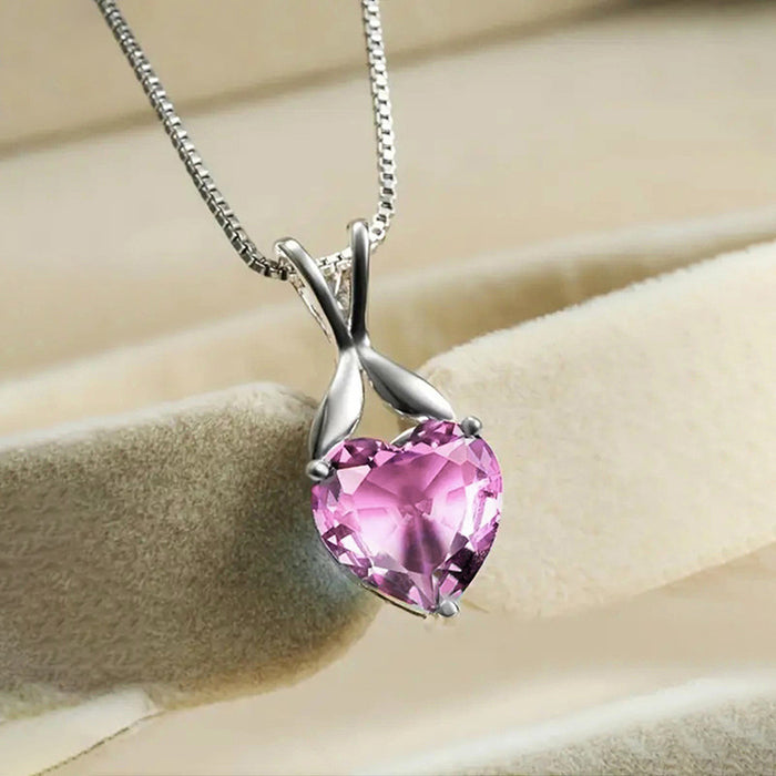 Silver Heart Stone Pendant Necklace Leaf Bail Box Chain