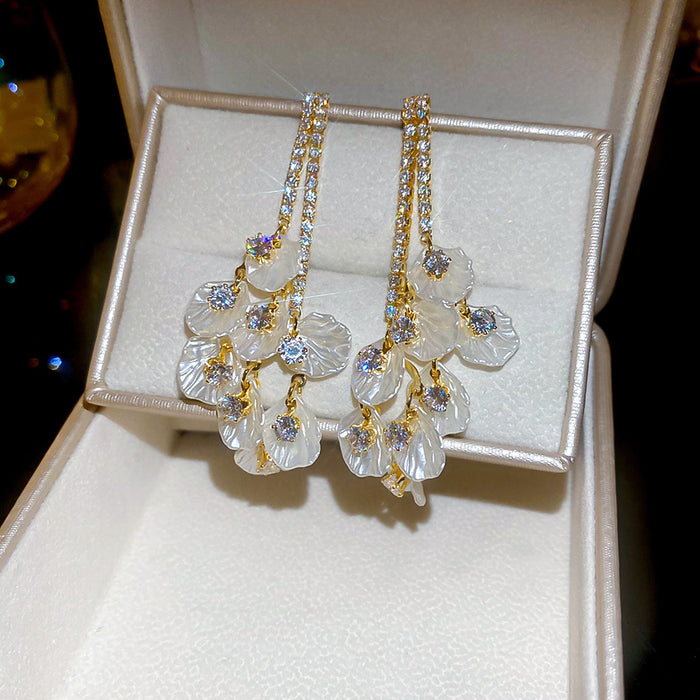 Cascading Crystal Petal Drop Earrings with Reflective Details