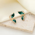 Gold Green Cream Enamel Twisted Leaf Stud Earrings view 2