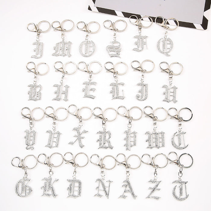 Silver Rhinestone Letter Keychain Initial Metal Bag Charm