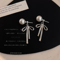 Silver Tone Pearl Like Bow Long Bar Drop Stud Earrings view 4