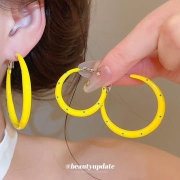 Yellow Enamel Blue Dot Hoop Earrings in Three Sizes