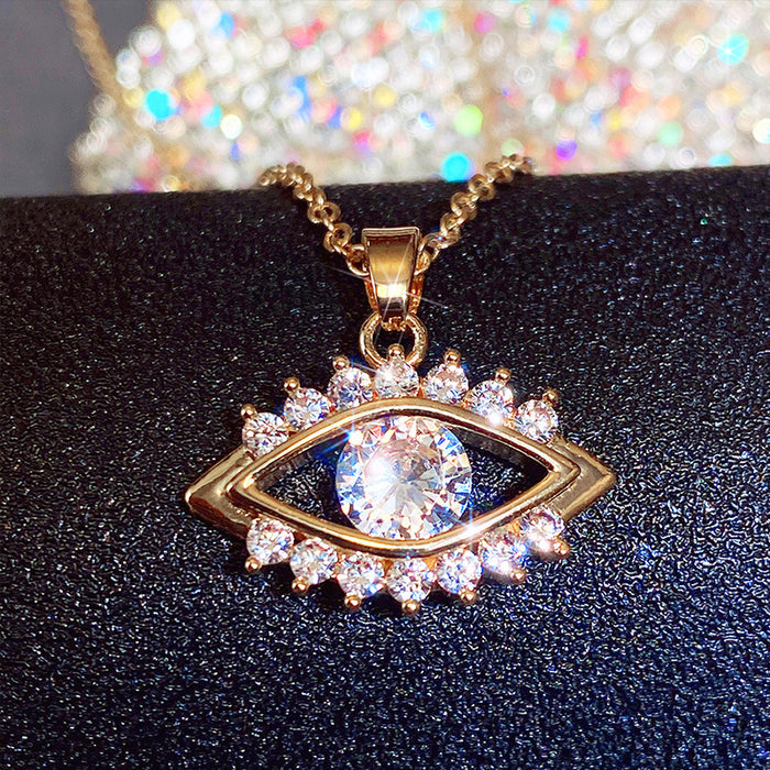 Gold Tone Evil Eye Pendant Necklace Clear Center Stone Halo