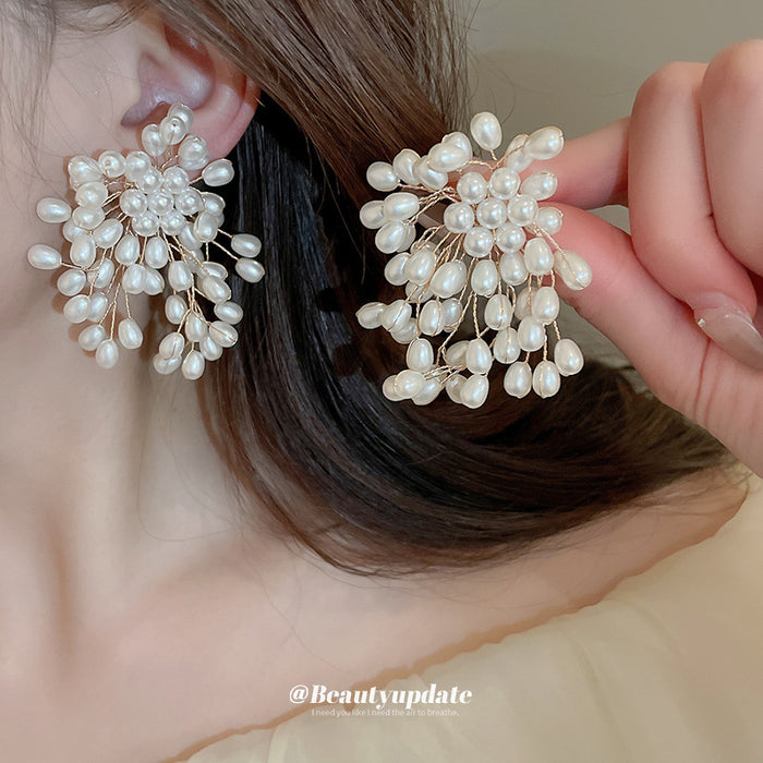 White Pearl Branch Cluster Statement Stud Earrings