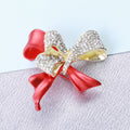 Red Ribbon Bow Brooch Gold Rhinestone Overlay Metal Pin view 2