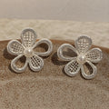 Openwork Flower Pearl Stud Earrings With Polished Metal Tone Details view 1