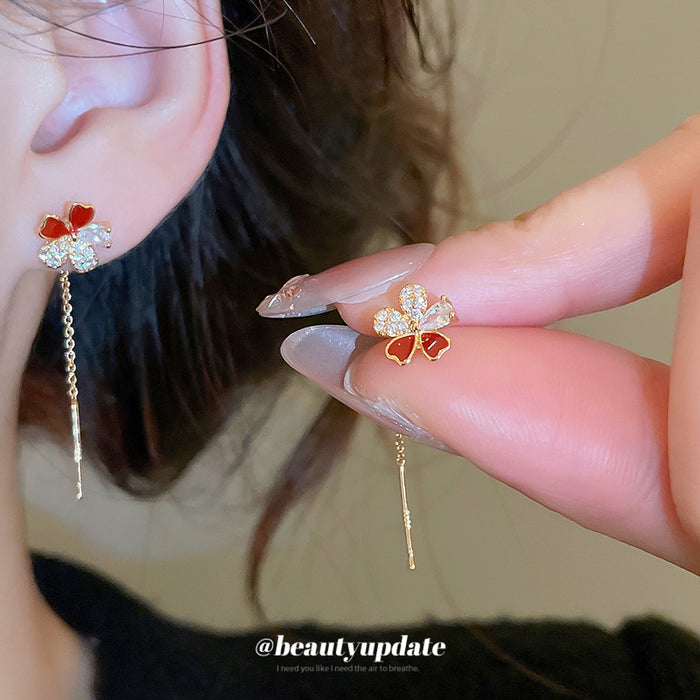 Red Flower Chain Threader Earrings With Polished Metal Tone Details