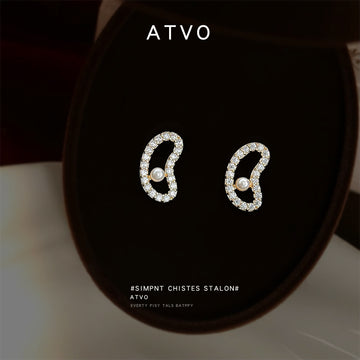 Gold Pave Bean Outline Pearl Center Stud Earrings Matching Pair