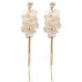 White Petal Cluster Drop Earrings with Long Gold Tone Tassels view 5