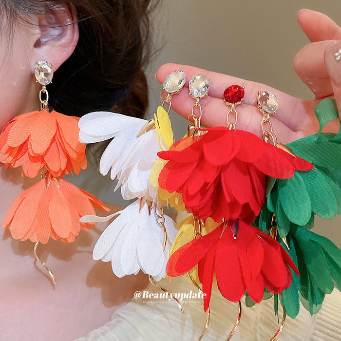 Pair of Metal Tone Chiffon Petal Drop Earrings in Six Colors