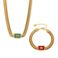 Gold Titanium Steel Herringbone Necklace Bracelet Square Glass view 5